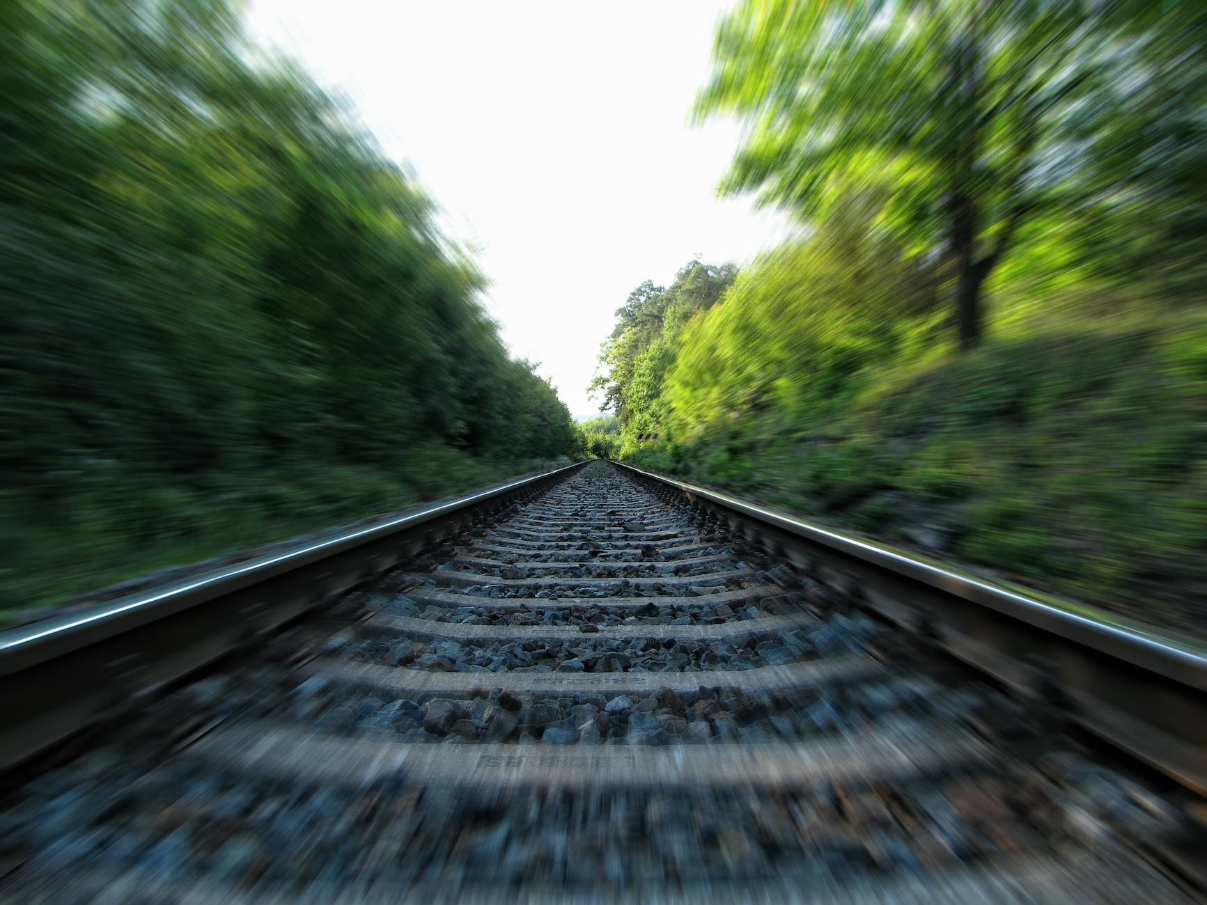 gray metal railway across in green trees during day time