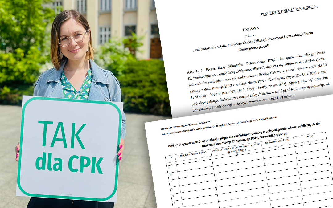 Na zdjęciu Paulina Matysiak z tabliczką Tak dla CPK. Obok projekt ustawy oraz karta do zbierania podpisów.