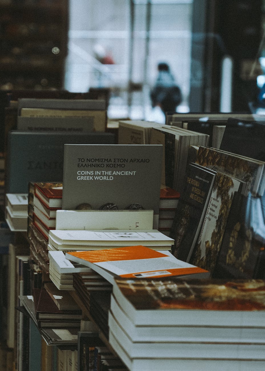 stack of books in a bookstore display