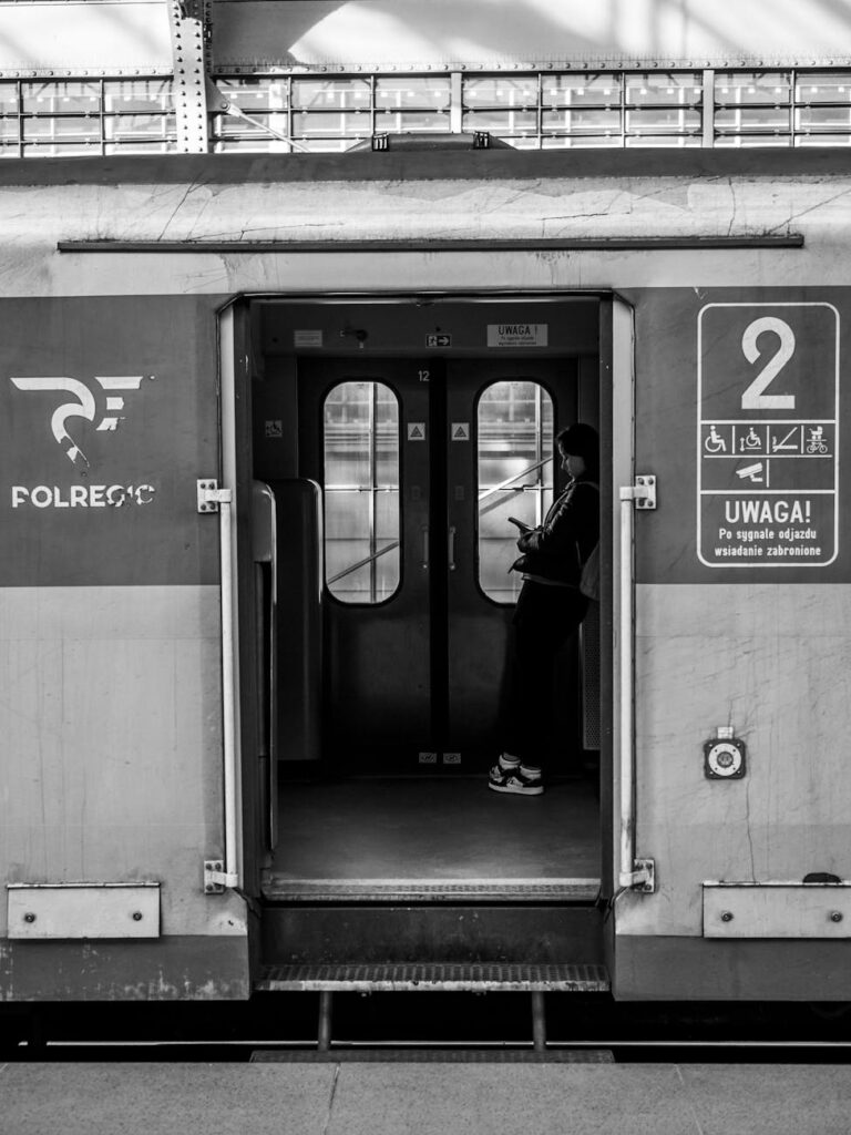 silhouette of person in train doorway