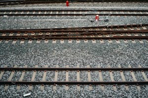 Aerial view of railway tracks at a station in Bangkok, Thailand.